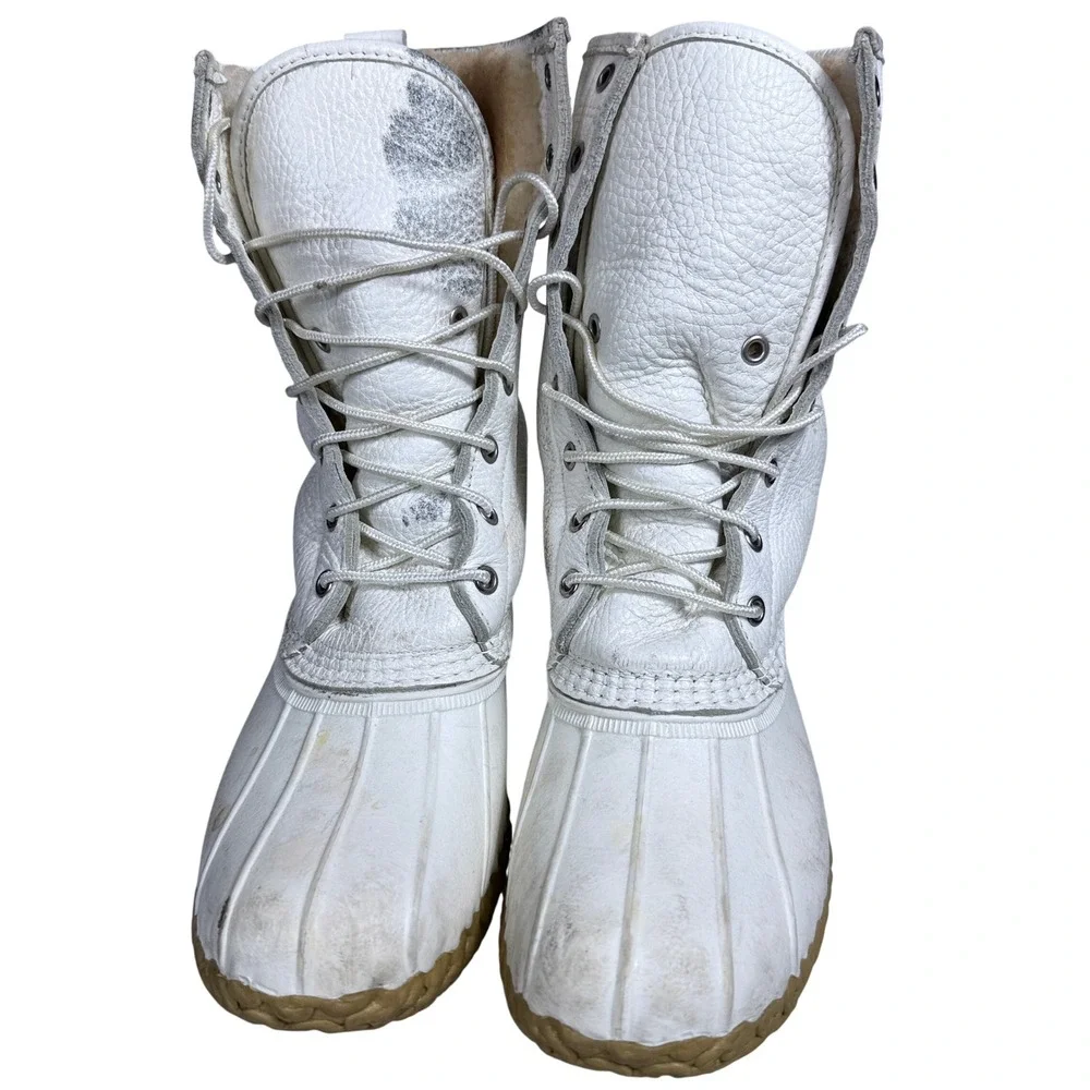 L.L. Bean Duck Boots Womens 8 White Shearling Lined Tumbled Leather Lace Up Tall